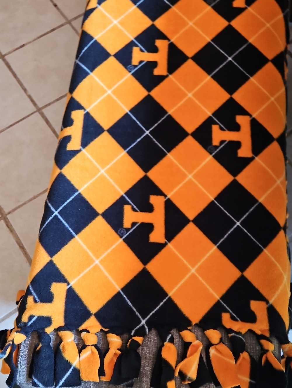 Handmade University Of Tennessee Orange and Black Argyle Fringe Throw Blanket